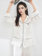 100% Mulberry Silk Contrast Piping Letter Embroidery Long Sleeve Pajama Set