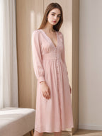 Elegant Lace Trim V-Neck 100% Mulberry Silk Full Length Nightdress