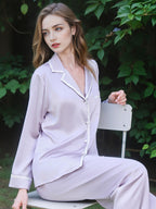 100% Mulberry Silk Contrast Piping Long Sleeve Pajama Set