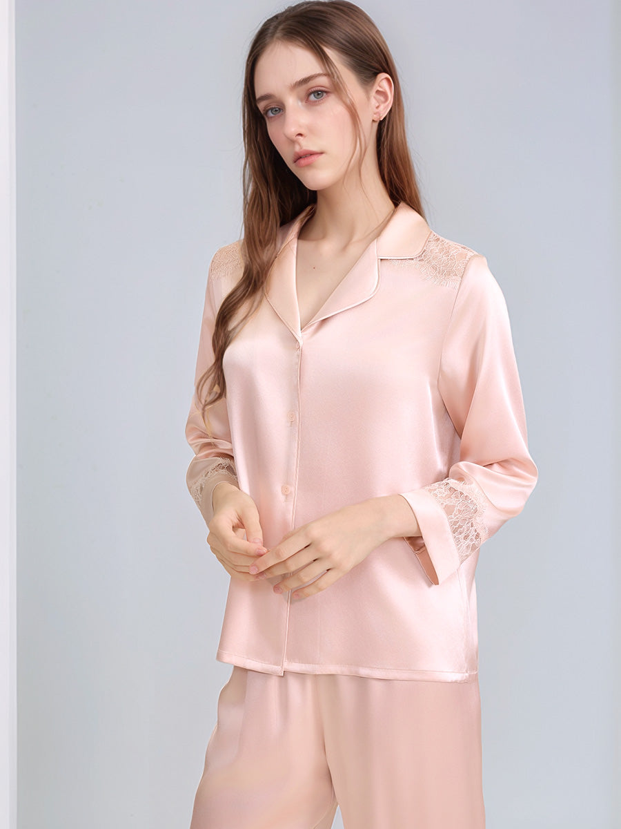 100% Mulberry Silk Hollow Lace Panel 3/4 Sleeve Pajama Set