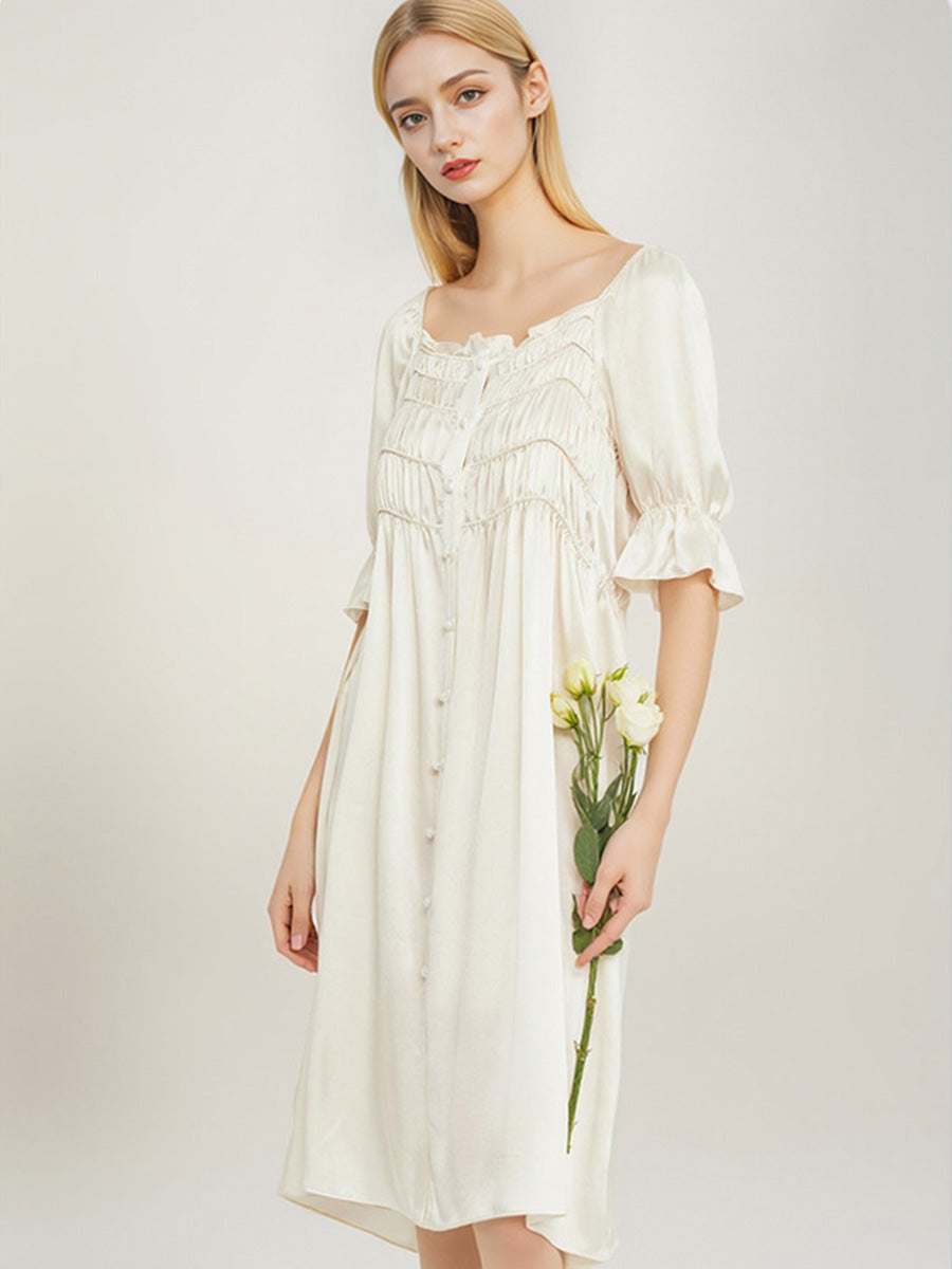 Designer Tiered Shirred Front 100% Mulberry Silk Satin Mid-Length Nightdress