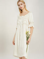 Designer Tiered Shirred Front 100% Mulberry Silk Satin Mid-Length Nightdress