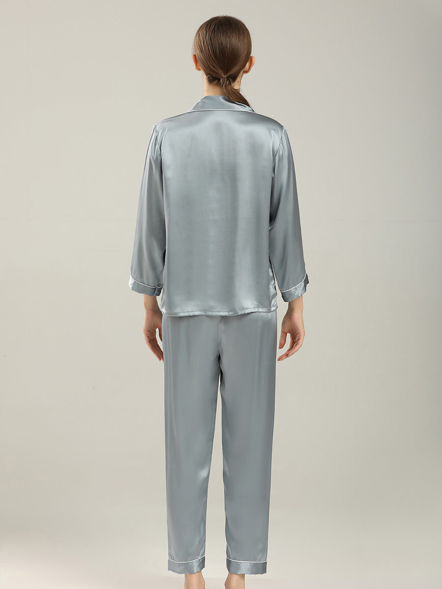 19 Momme Silk Long Sleeve Pajama Set with Contrast Piping
