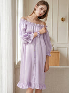 Puff Ruffle Cuff 3/4 Sleeve 100% Pure Silk Sleep Dress