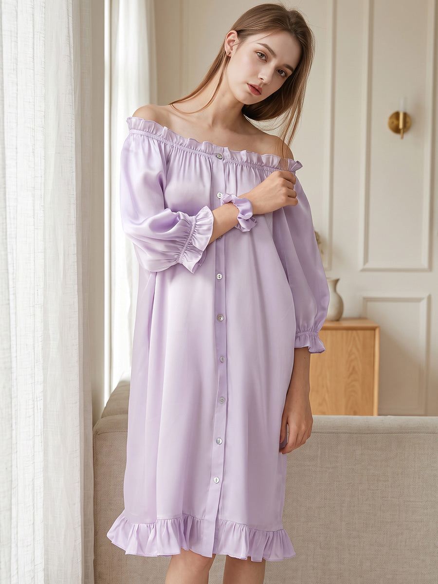 Puff Ruffle Cuff 3/4 Sleeve 100% Pure Silk Sleep Dress