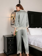 19 Momme Silk Pajama Set with Floral Lace Trim