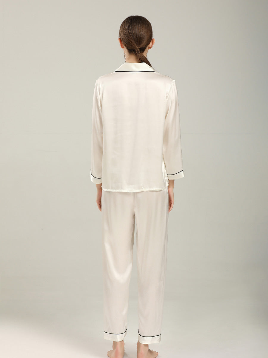 19 Momme Silk Long Sleeve Pajama Set with Contrast Piping
