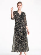 100% Pure Silk Mesh V-Neck Midi Dress