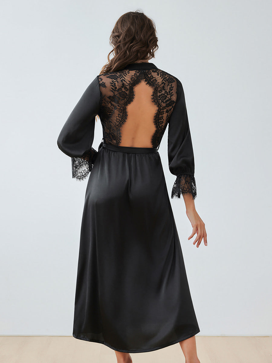 Black Satin Chiffon Maxi Robe