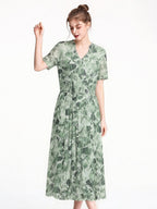 100% Pure Silk Mesh V-Neck Midi Dress