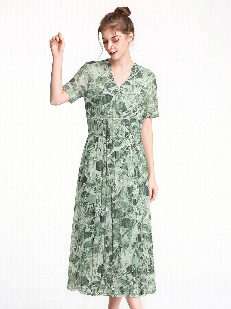 100% Pure Silk Mesh V-Neck Midi Dress