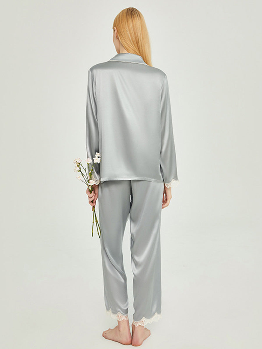 100% Mulberry Silk Scalloped Lace Trim Long Sleeve Pajama Set