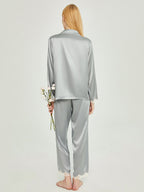 100% Mulberry Silk Scalloped Lace Trim Long Sleeve Pajama Set