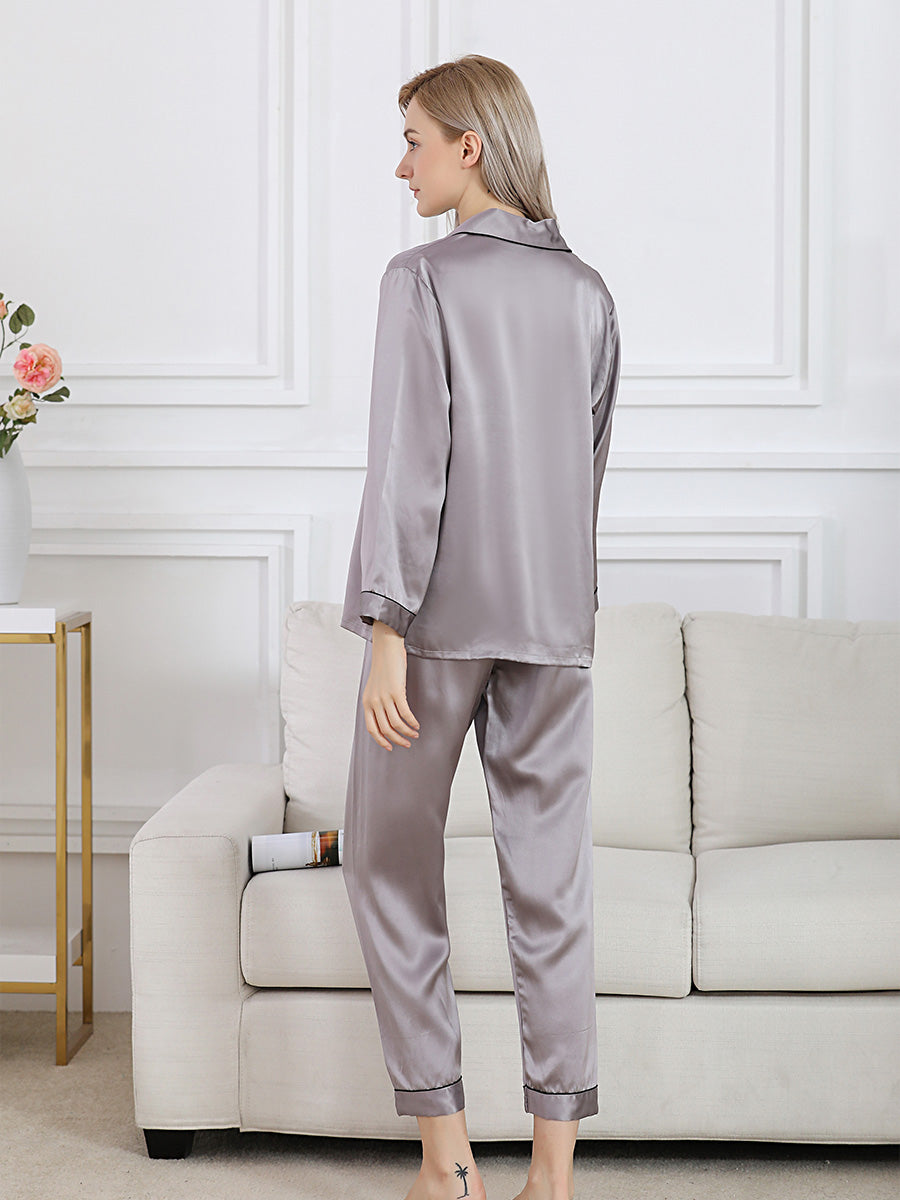 Long Sleeve Mulberry Silk Pajama Set with Contrast Piping
