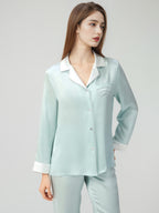 100% Mulberry Silk Contrast Collar Scalloped Trim Long Sleeve Pajama Set