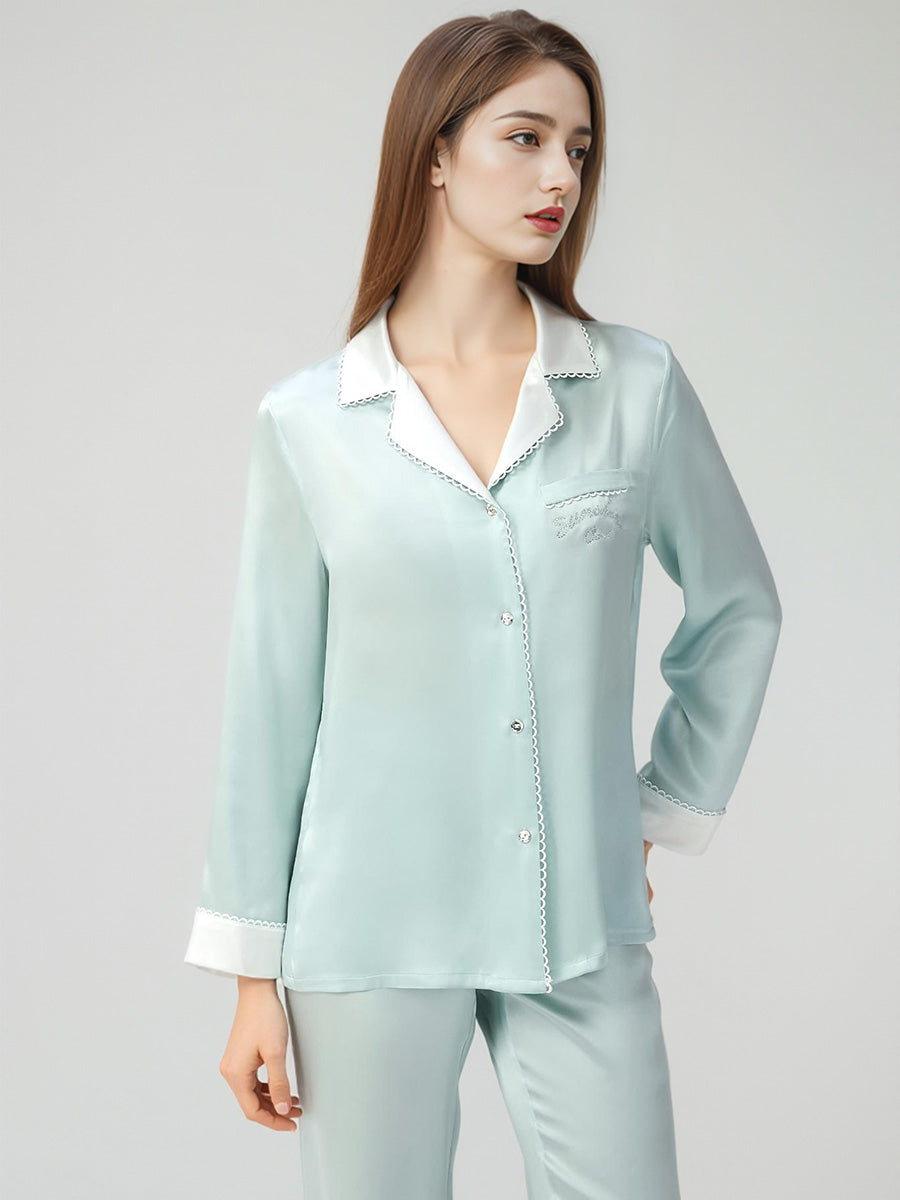 100% Mulberry Silk Contrast Collar Scalloped Trim Long Sleeve Pajama Set