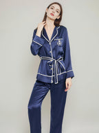 Notched Collar Button Front Silk Sleepwear with Waist Tie