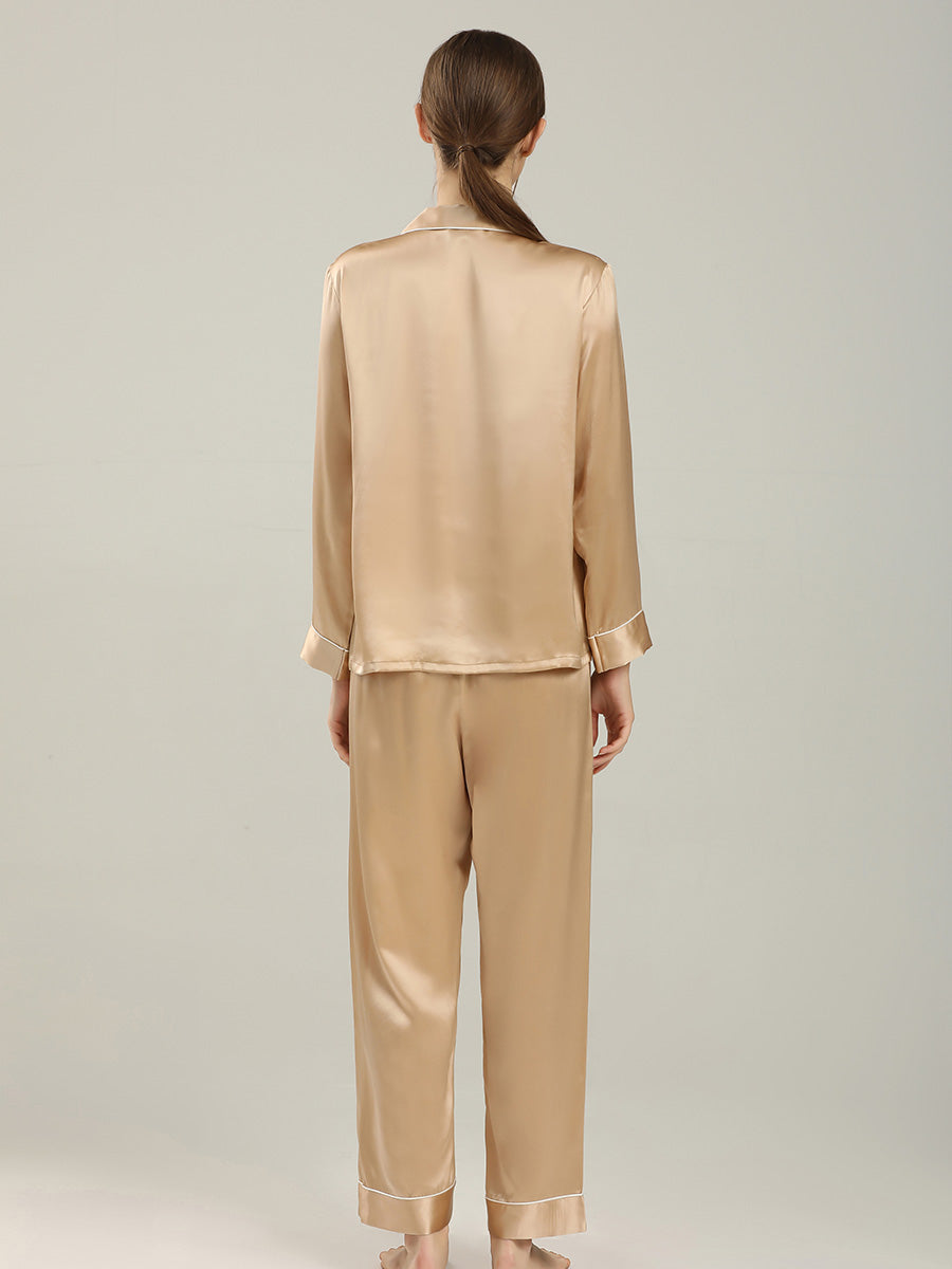 19 Momme Silk Long Sleeve Pajama Set with Contrast Piping