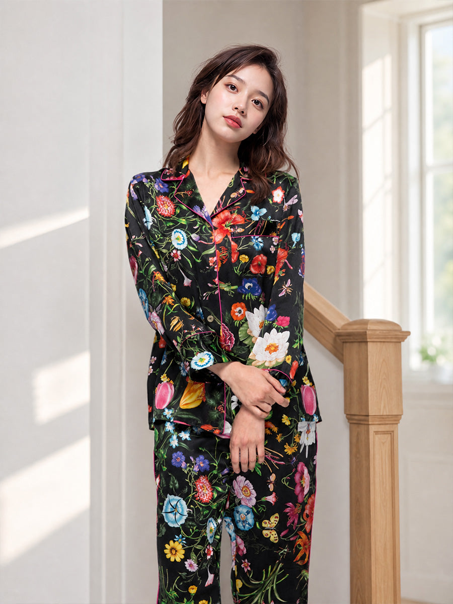 Women Floral Print 100% Mulberry Silk Long Sleeve Pajama Set