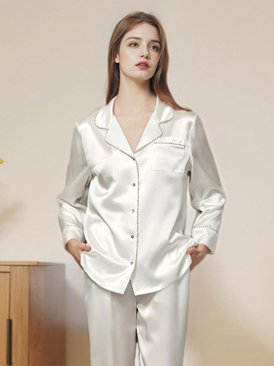 100% Mulberry Silk Rhinestone Trim Notched Collar Pajama Set