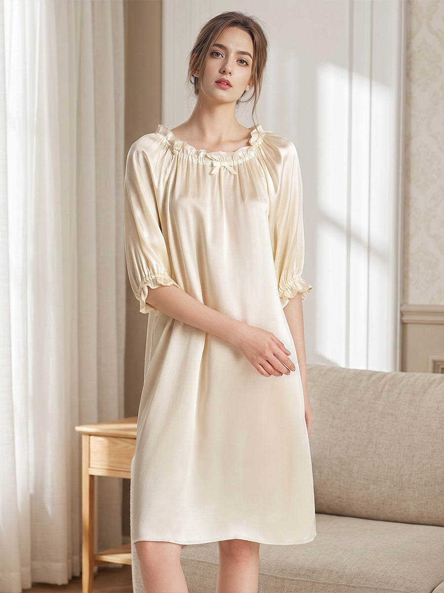 100% Mulberry Silk Ruffle Neck Bow Midi 3/4 Sleeve Nightgown