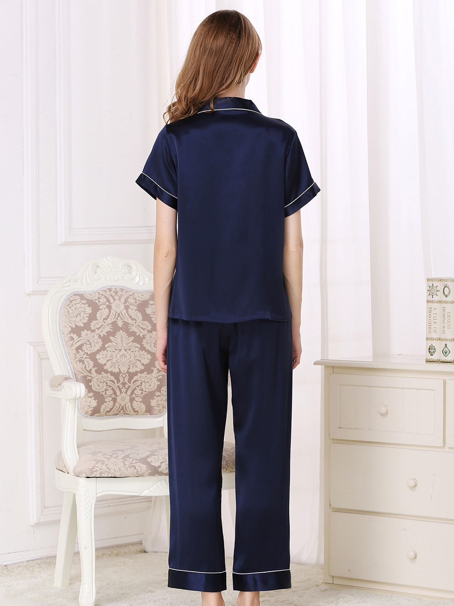 Short Sleeve Mulberry Silk Pajama Set with Contrast Piping