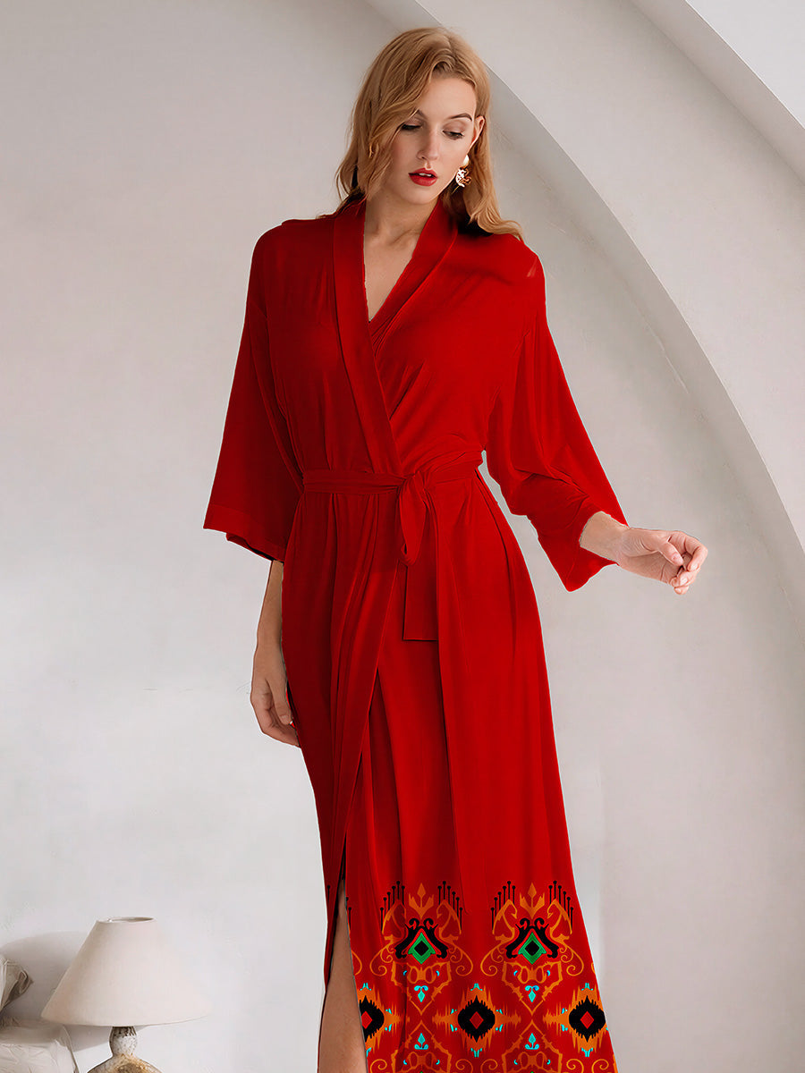 Red Ethnic Print Satin Kimono Robe