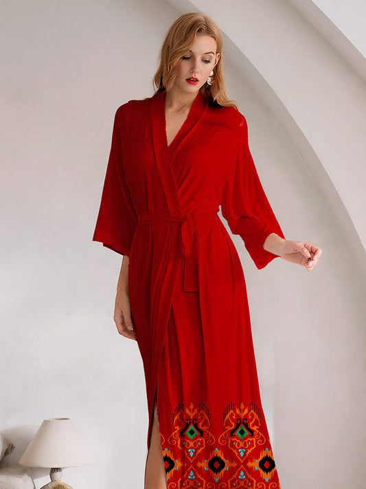 Red Ethnic Print Satin Kimono Robe