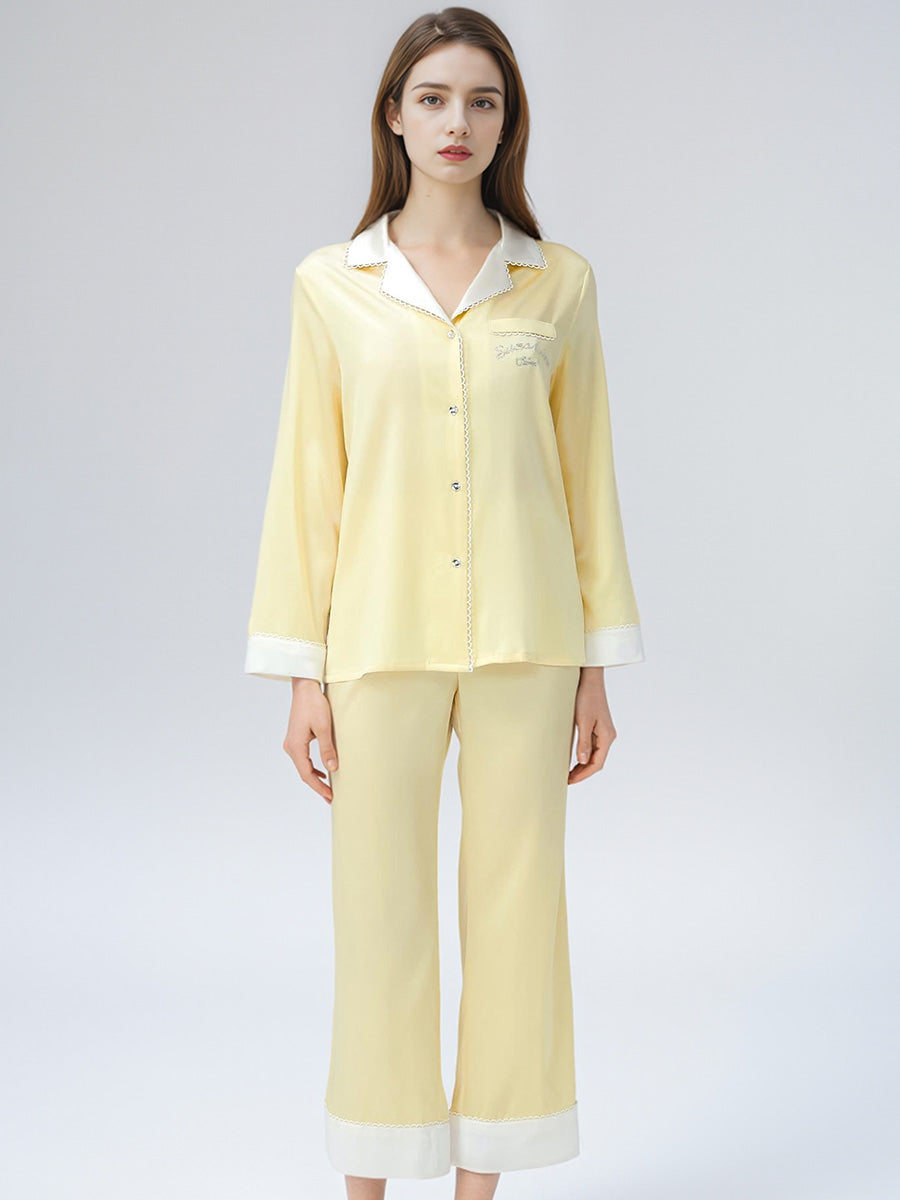 100% Mulberry Silk Contrast Collar Scalloped Trim Long Sleeve Pajama Set