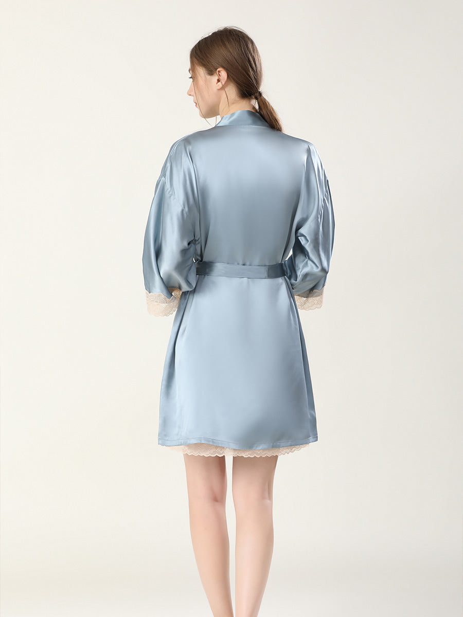 Scalloped Lace Mulberry Silk Robe and Slip Dress Set