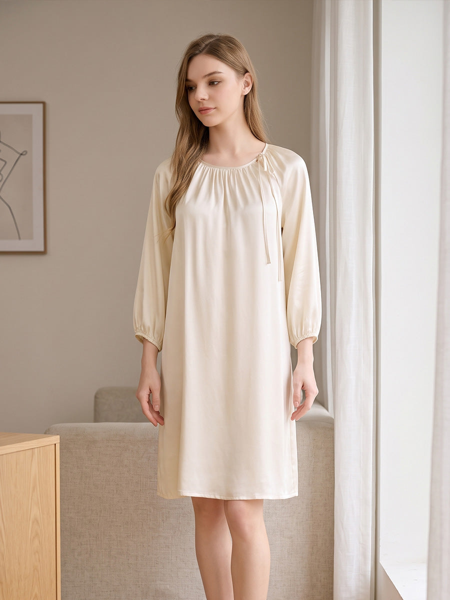 100% Mulberry Silk 3/4 Puff Sleeve Tie Neck Midi Nightgown