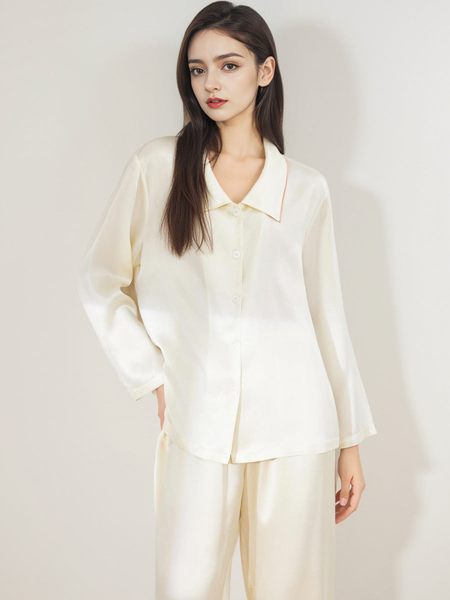 Contrast Trim Notched Collar Long Sleeve Pajama Set