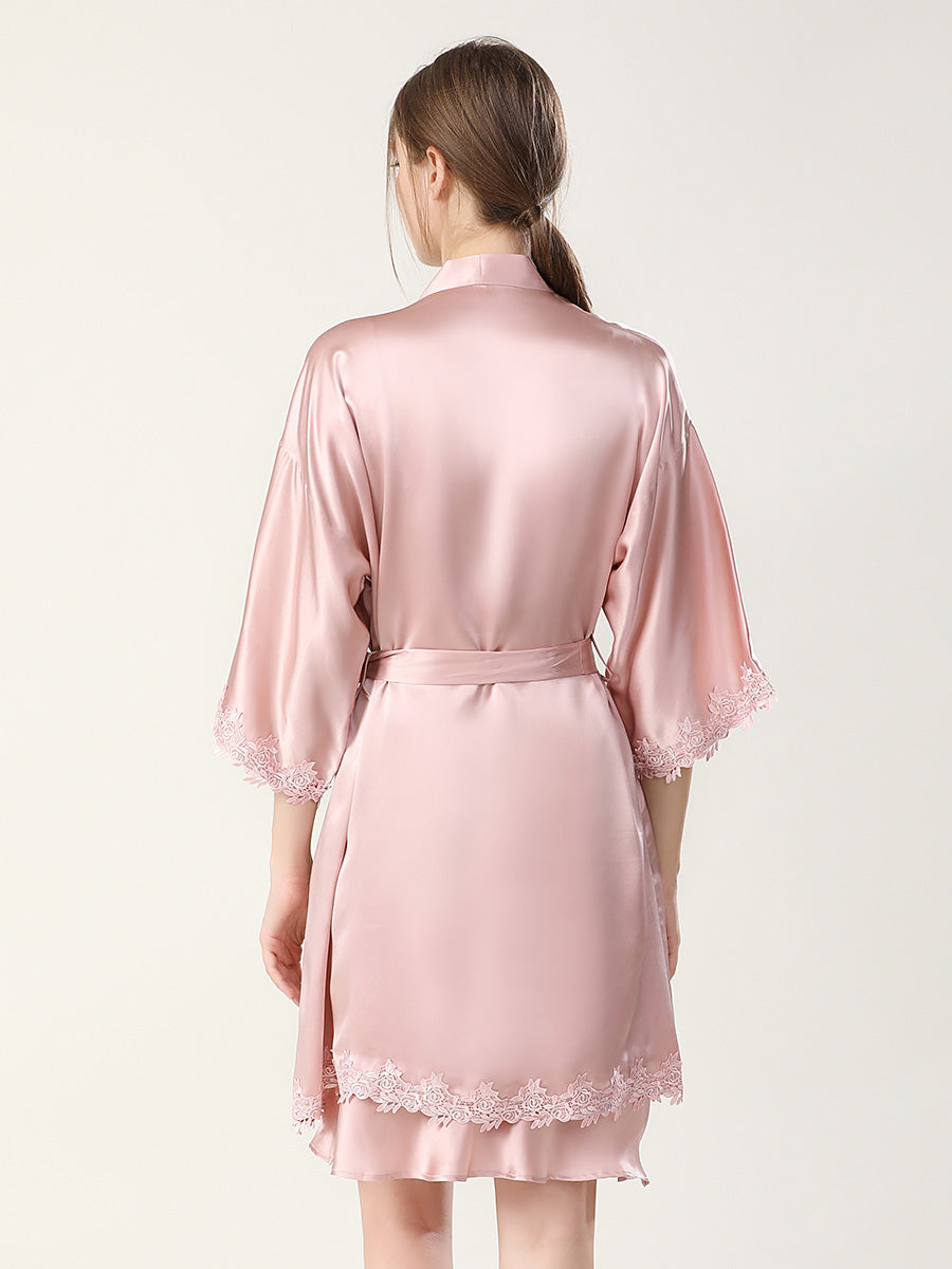 Rose Lace Mulberry Silk Robe and Slip Dress Set