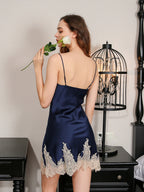 Contrast Lace Mulberry Silk Robe and Slip Dress Set