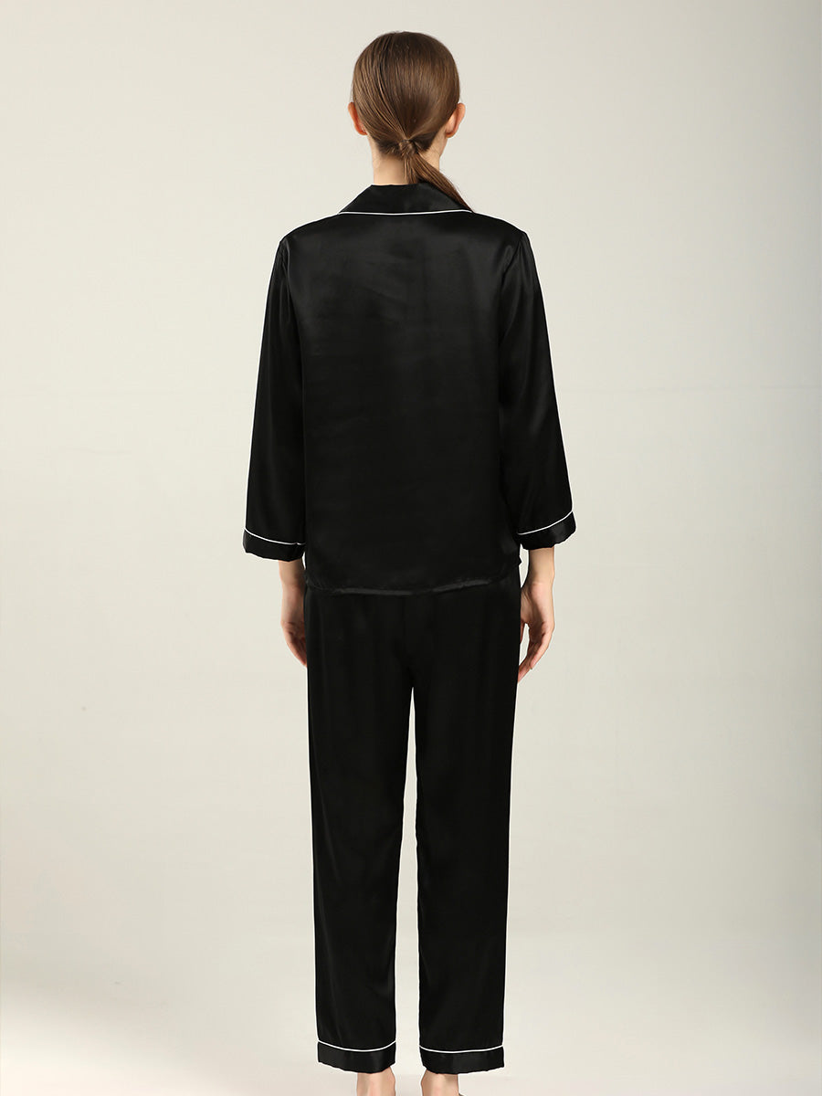 19 Momme Silk Long Sleeve Pajama Set with Contrast Piping
