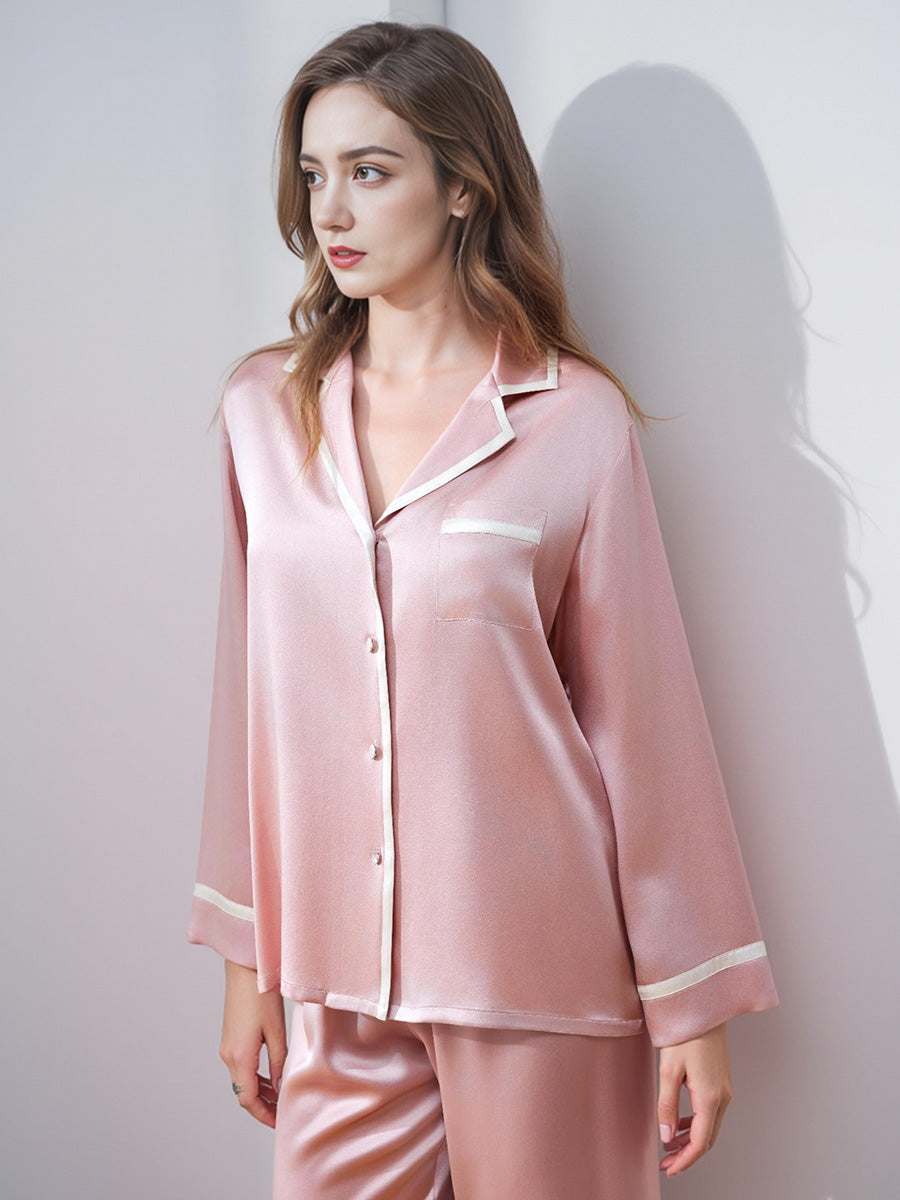 100% Mulberry Silk Contrast Piping Long Sleeve Pajama Set