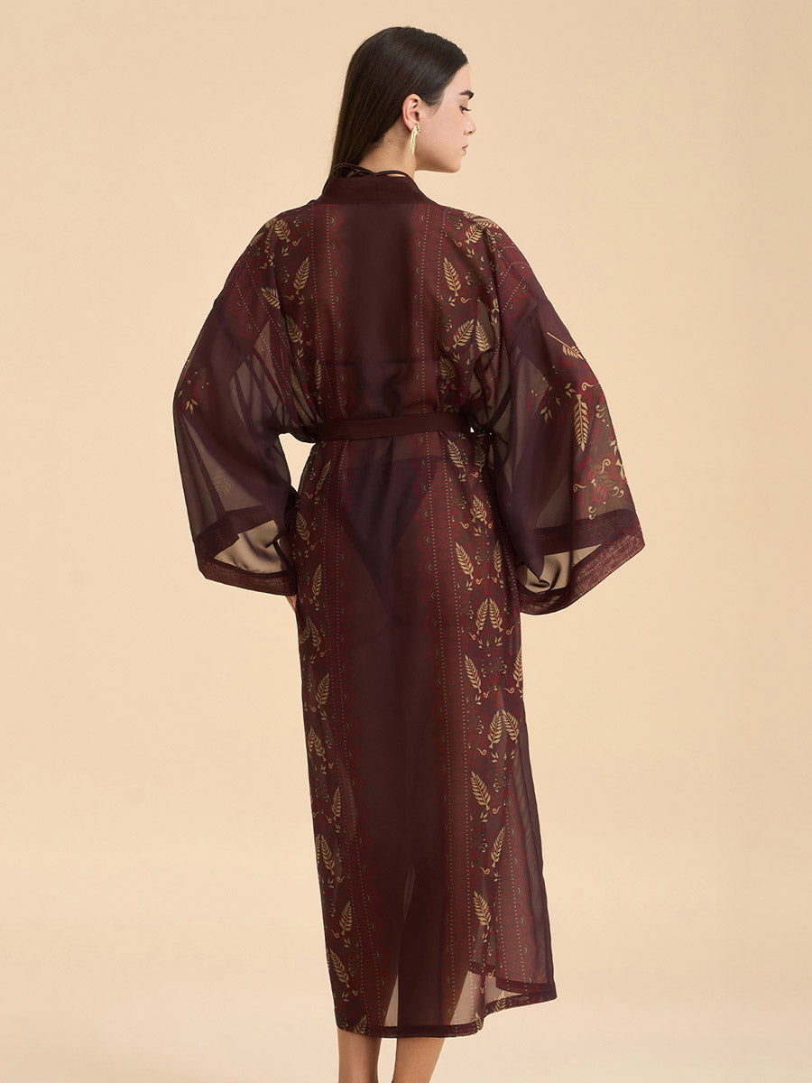 Plum Gold Leaf Sheer Kimono Robe