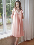 Lace V-Neck Built-in Bra Midi Nightgown