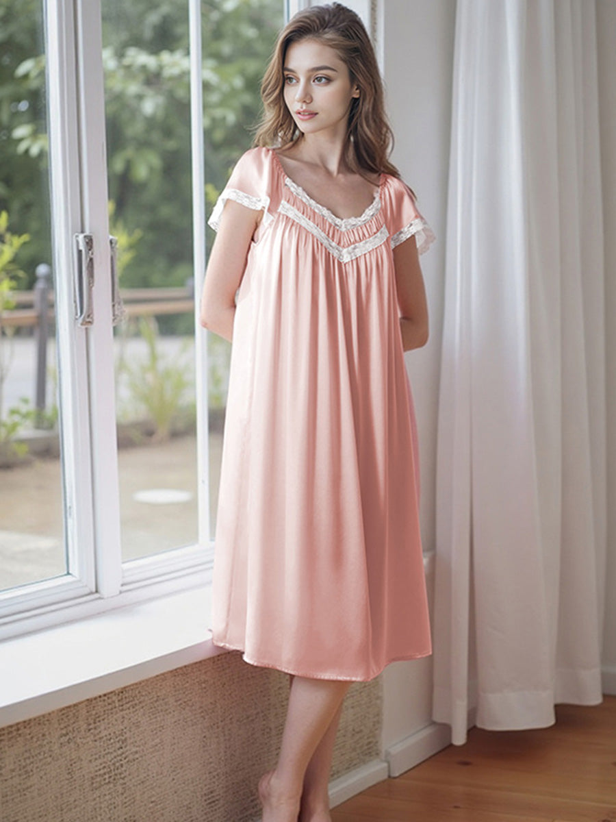Lace V-Neck Built-in Bra Midi Nightgown