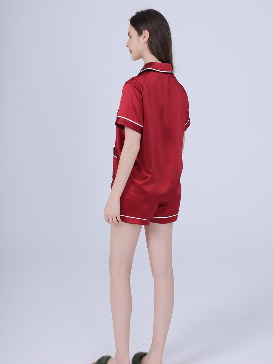 25 Momme Silk Short Sleeve Pajama Set with Contrast Piping