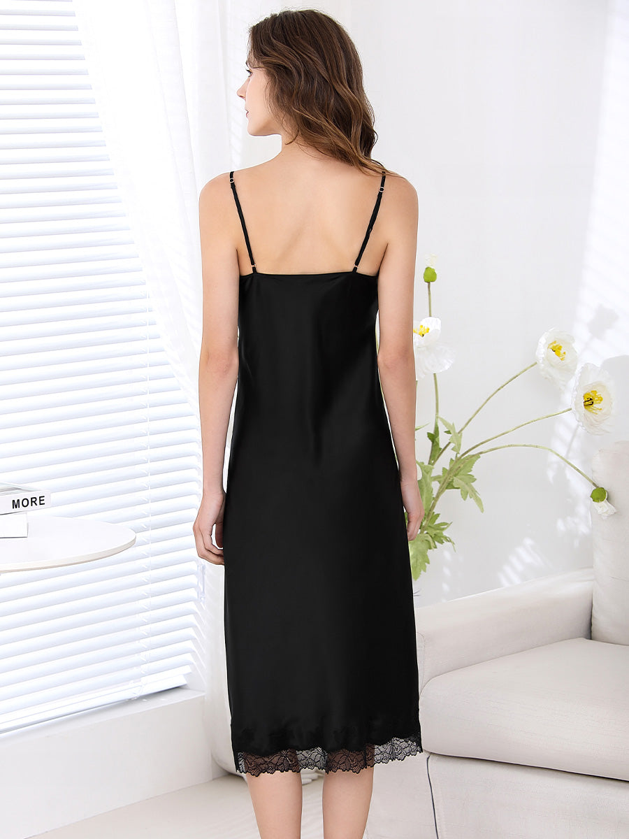 19 Momme Silk Slip Dress with Floral Lace