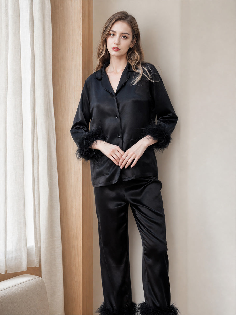 100% Mulberry Silk Ostrich Feather Trim Pajama Set