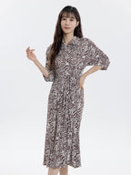 3/4 Sleeve Zebra Print Silk Blend Shirt Dress