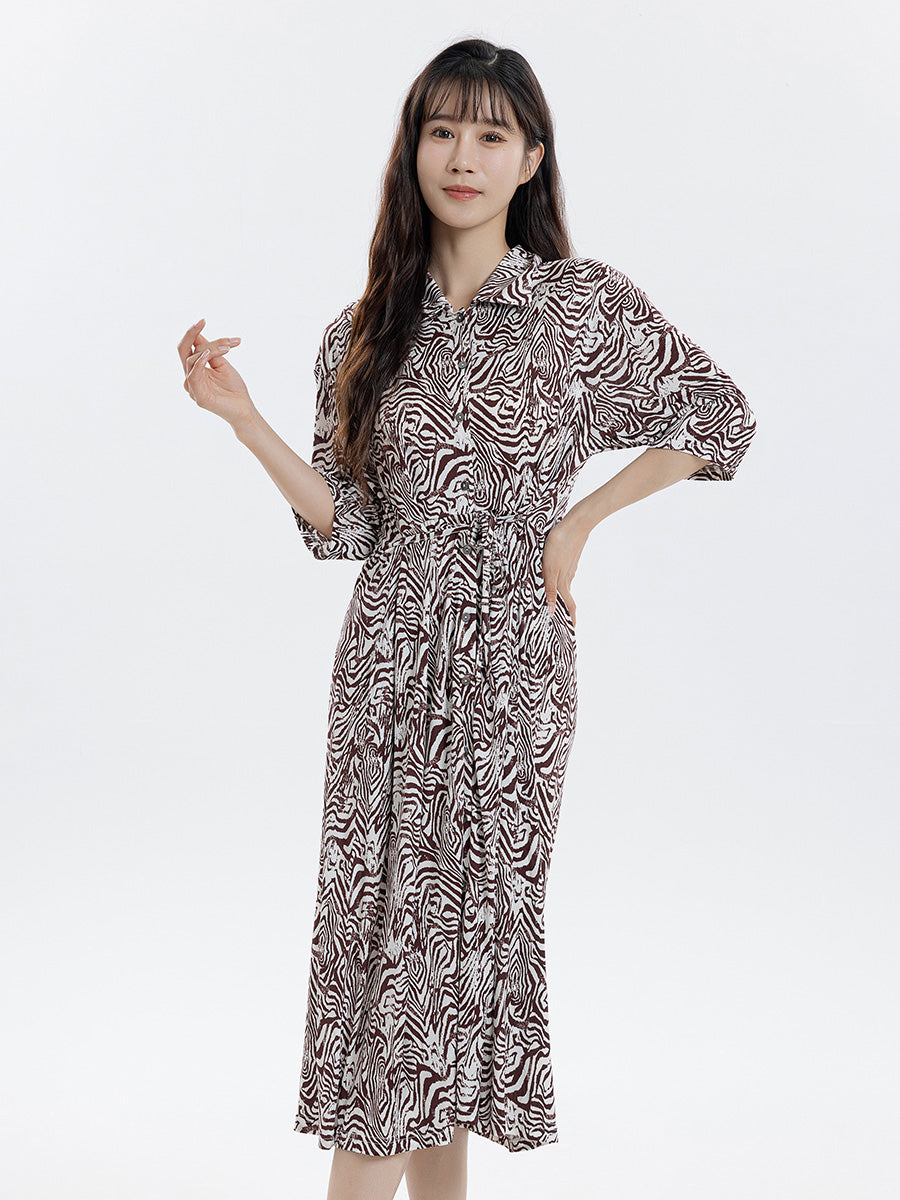 3/4 Sleeve Zebra Print Silk Blend Shirt Dress