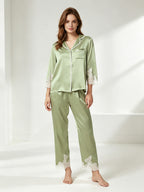 100% Mulberry Silk Lace Trim 3/4 Sleeve Pajama Set