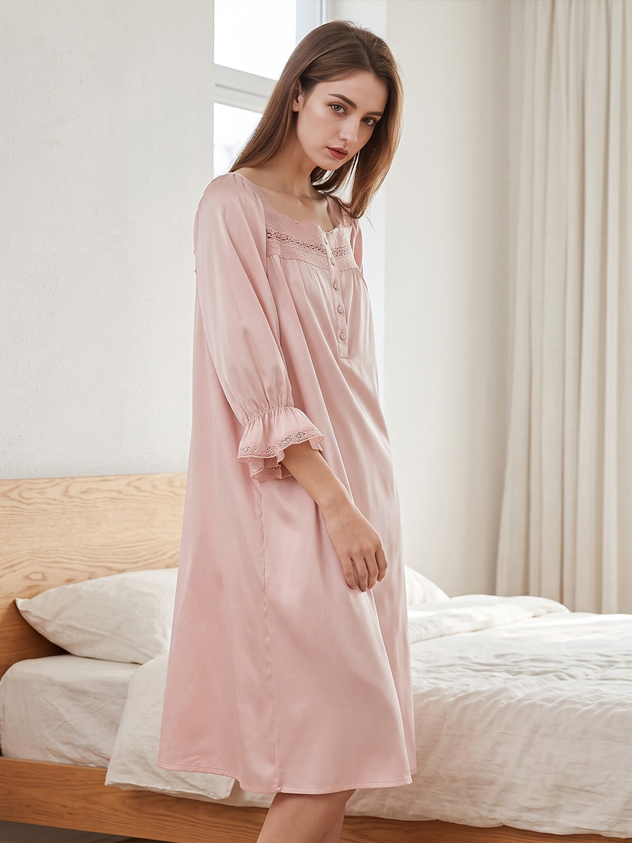 Loose Lace Yoke Mid-Length 100% Mulberry Silk Nightdress