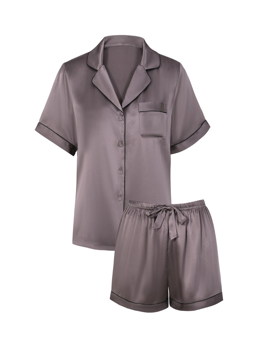Notched Collar Button Down Top & Shorts Silk Sleepwear Set