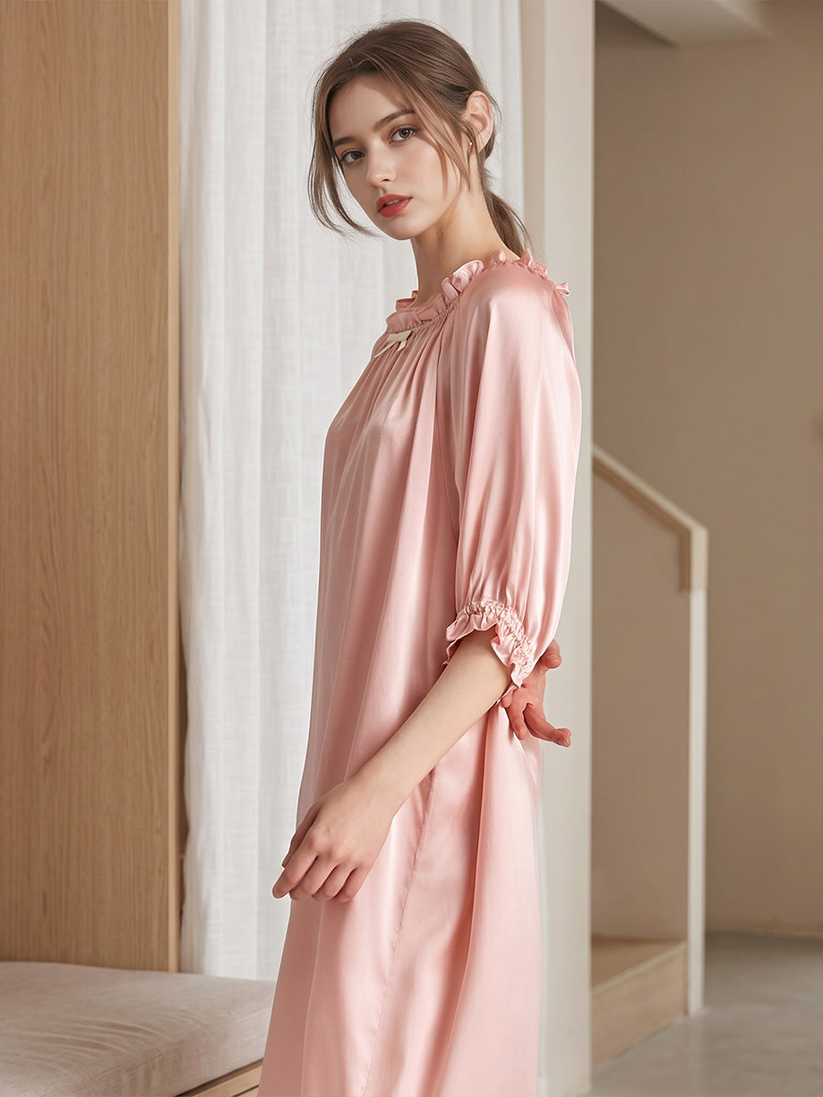 100% Mulberry Silk Ruffle Neck Bow Midi 3/4 Sleeve Nightgown