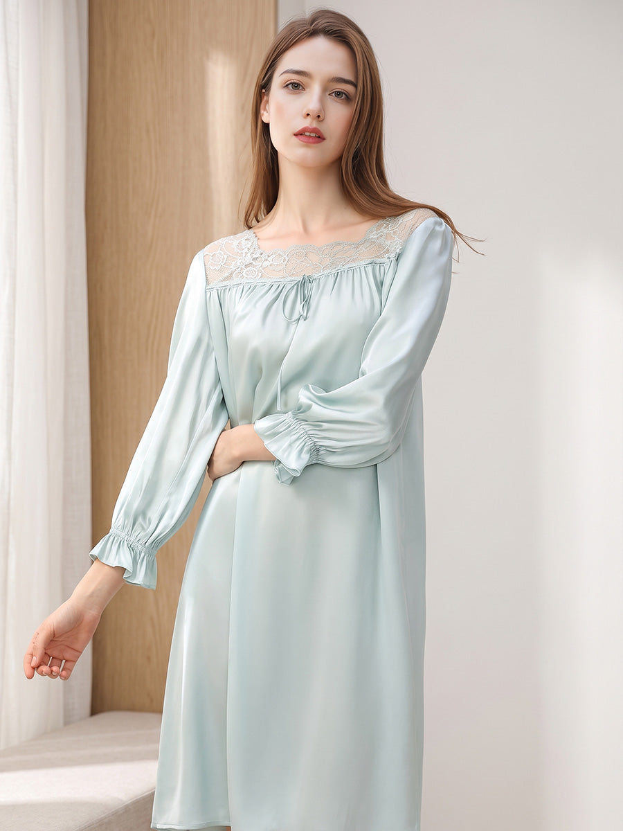 Ruffle Cuff 3/4 Sleeve 100% Pure Silk Elegant Sleep Dress