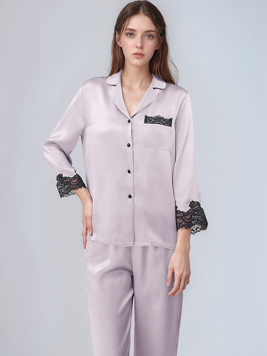 3/4 Sleeve Button Top & Long Pants Silk Sleepwear Set